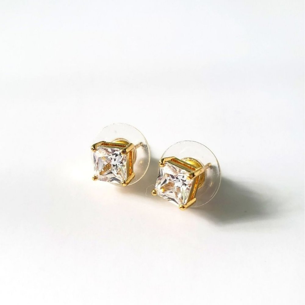 7mm Square Cubic Zirconia Solitaire Gold Finish Stud Earrings